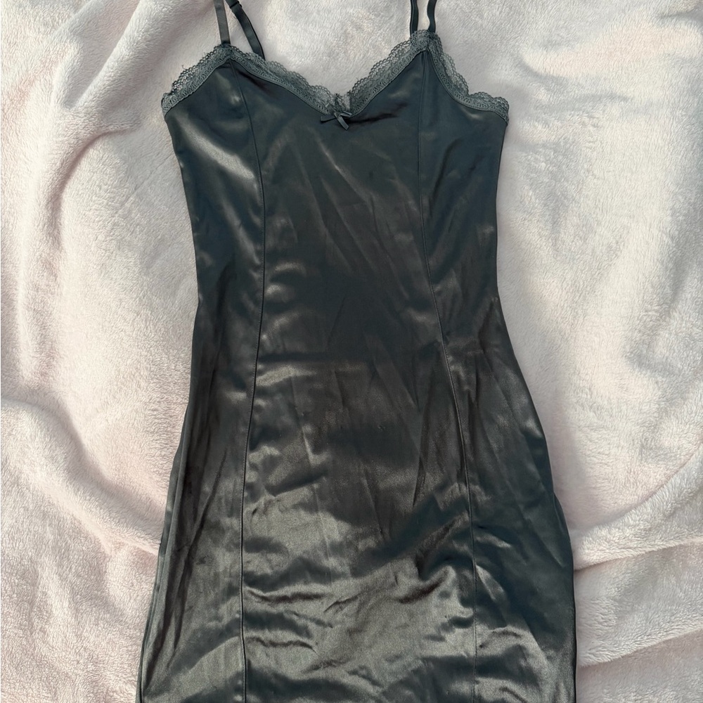 Satin Lace-Trim Slip Dress in Charcoal Gray - Women’s Intimates. Worn once